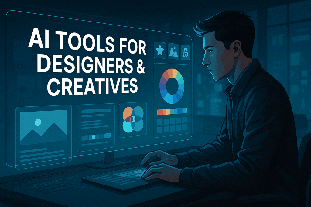 A futuristic design workspace showing a human designer using holographic AI tools and color palettes on screen, text overlay “AI Tools for Designers & Creatives.”